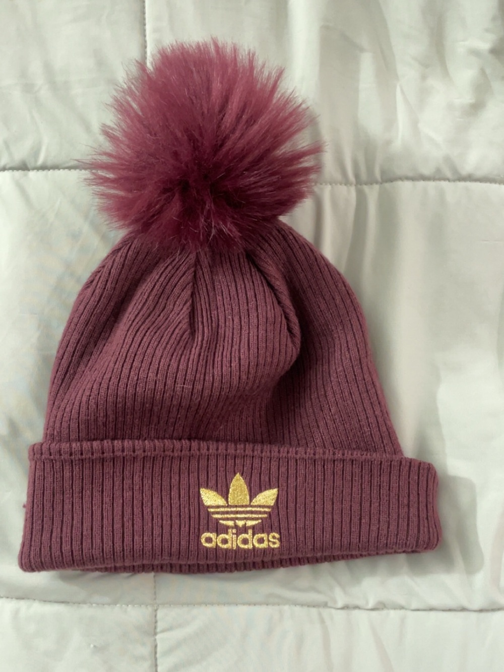 adidas Wine Ribbed Pom Beanie with Gold Trefoil